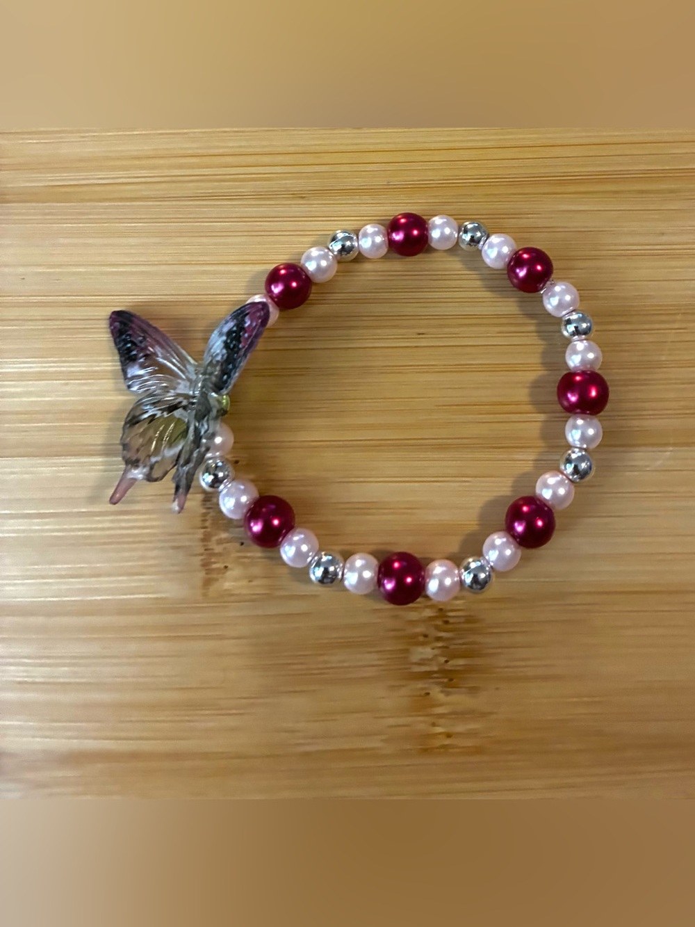 Pink, Red & Silver Beaded Stretch Butterfly Bracelet